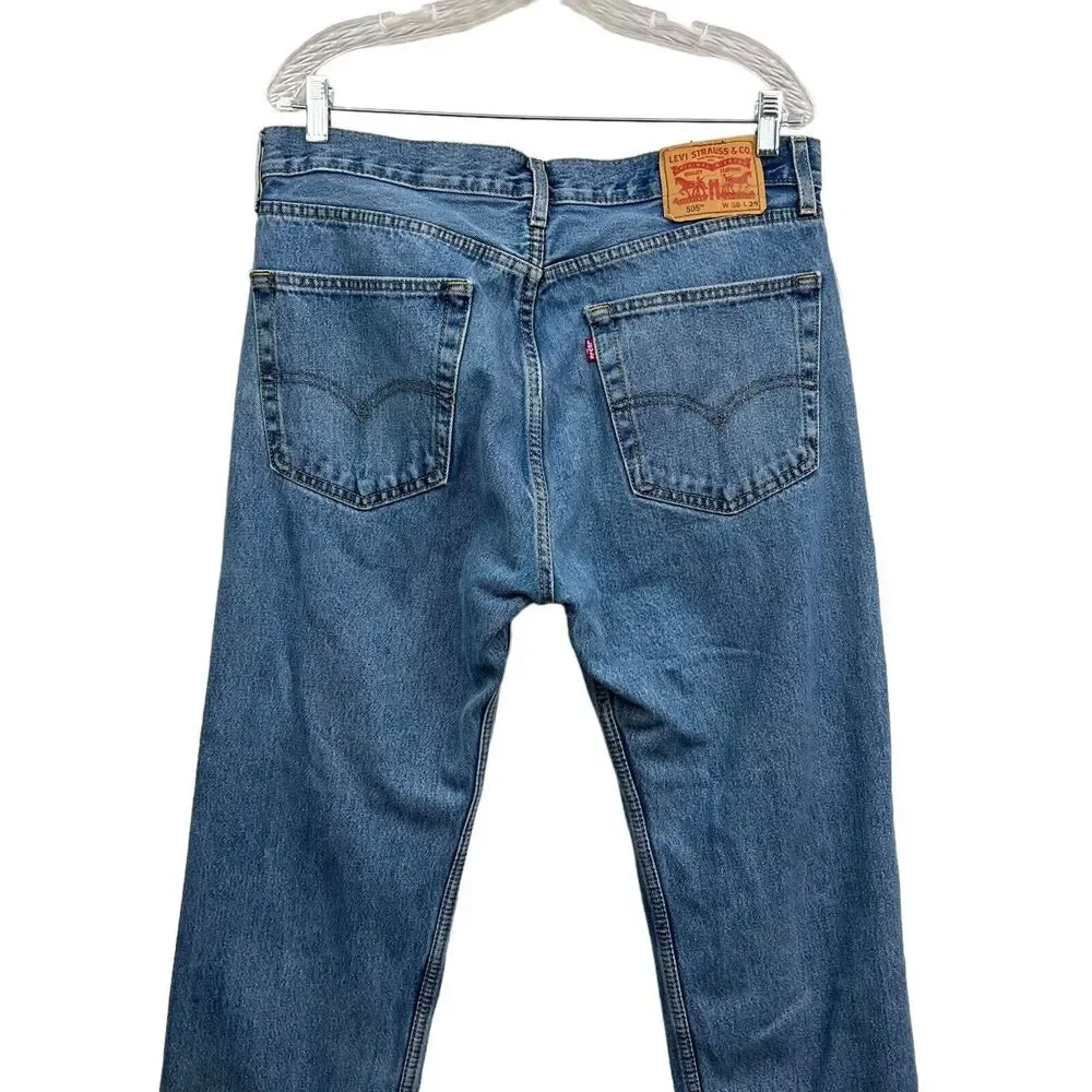 Levis Mens 505 Jeans Straight Leg 5 Pocket Zip Fly Mid Rise Blue Wash SZ 36X29*